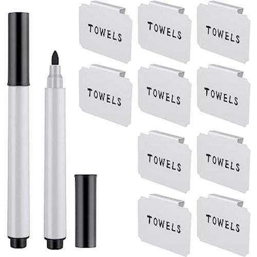12 Pieces Basket Labels Clip on Set, Include 10 Pieces Kitchen Clip Label Holder Removable Pantry Basket Labels with 2 Pieces Black Chalk Marker for Storage Bins Organization Box (White)