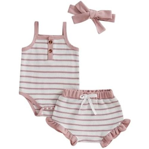 MERSARIPHY Newborn Baby Girls Summer Outfit Striped Waffle Knit Sleeveless Romper Shorts Headband 3Pcs Infant Clothes Set
