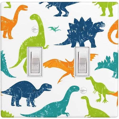 Colorful Dinosaur Green Blue Wildlife Animal Dino Watercolor Light Switch Cover Plates Decorative Wall Plate Double Toggle Switch Cover Size 2-Gang 4.50" x 4.57"