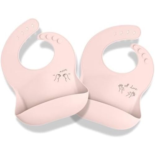 APLAINR Baby Sign Language Bib Set of 2, Silicone Baby Bibs, ASL Graphics, Food Catcher, Adjustable, Waterproof, Soft & Durable, 6-36 Months, Pink Sand