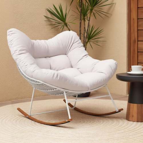 Oversized White Wicker Outdoor Rocking Chair Papasan Chair Recliner Egg Chair with Beige Cushion