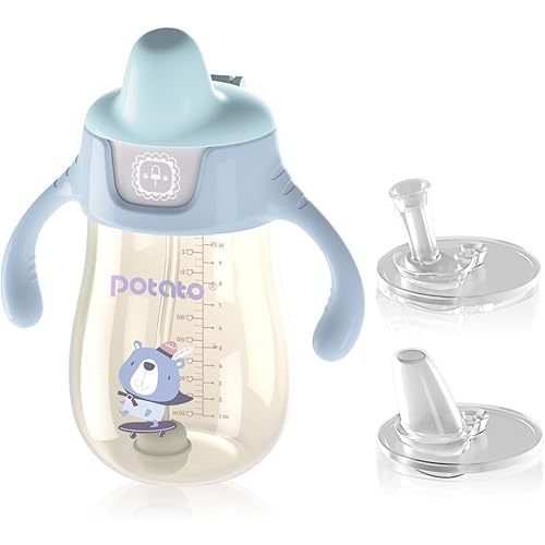 POTATO Sippy Cups for Toddlers with Straw Spill Proof, PPSU Learner Cup with Handle for Boy, Water Bottle for Baby 6 Months with 2 Type of Spout, 10 Ounce Blue