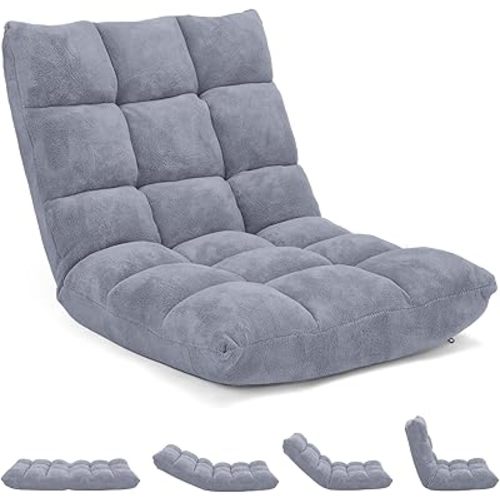 14-Position Floor Sofa, Folding Gaming Sofa Chair, Comfy Cushions & Study Steel Frame, Angle Adjustable Sleeper Bed, Couch Recliner (Grey)