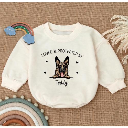 Loved and Protected by Dog Romper Sweatshirt, Custom Pet Baby Outfit, Personalized Dog Baby Gift, Baby Clothes with Pets, Pet Lover Apparel
