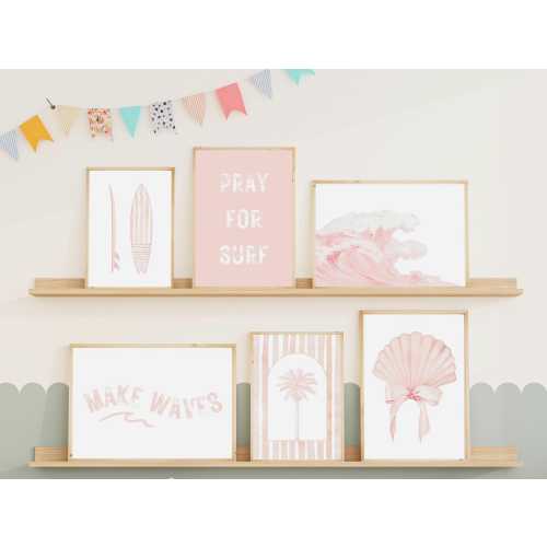 Pink Surf Wall Art Set for Girls Room Surf Theme Nursery Decor Pink Surfboard Printable Surf Print Decor Beachy Room Decor Baby shower gift