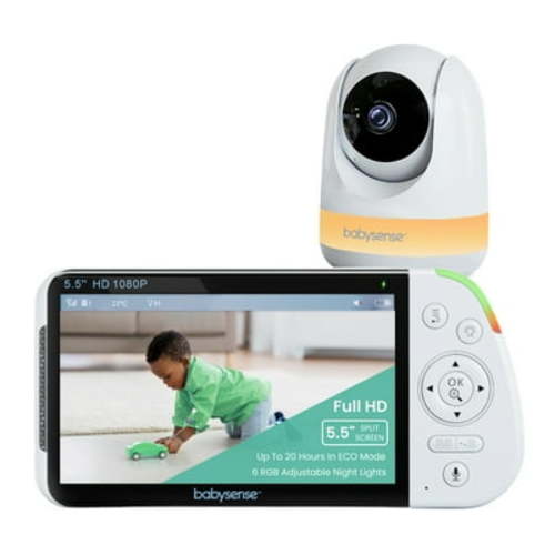 Babysense MaxView 5.5” 1080p Full HD Split-Screen Baby Monitor, Video Baby Monitor with Camera and Audio, PTZ Camera, RGB Night Light, 1000ft Range, Two-Way Audio, 4x Zoom, 5000mAh Battery