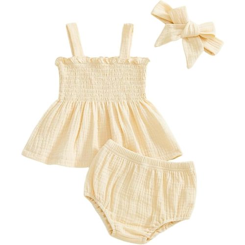MERSARIPHY Newborn Baby Girl Summer Clothes Boho Linen Sleeveless Smocked Tank Tops Bottom Shorts Set 3Pcs Infant Outfits