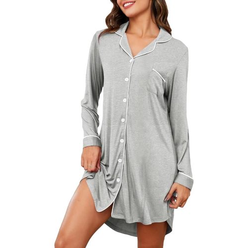 Women's Nightgown Short Sleeve Pajama Dress Soft Button Down Sleep Shirts Comfy Boyfriend Nightdress S-XXL