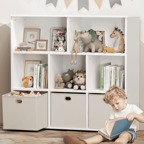Kids Bookshelf, Caveen Kids Bookcase with 3 Movable Drawers, Wood Bookshelf Toy Storage Organizer for Kids Room, Beige