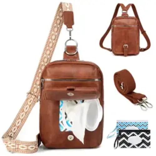 Myhozee Crossbody Sling Bag for Women Men 2 in 1 Backpack Purse with 2 Wipes Pouch and 2 Removable Straps PU leather Cross Body Bag for Woman Large Front Chest Shoulder Bags Diaper Fanny Pack, Black White Brown