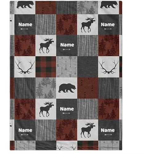 Woodland Deer and Bear Personalized Neutral Baby Blankets with Name, Custom Blanket for Boys and Girls - Woodland Nursery Decor - Baby Receiving Blankets for Newborn Infant
