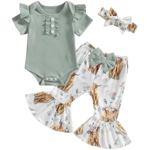 ZAXARRA Newborn Baby Girls Outfit Flying Sleeve Crew Neck Romper Floral Flared Pants Headband Cute Casual Clothes Set