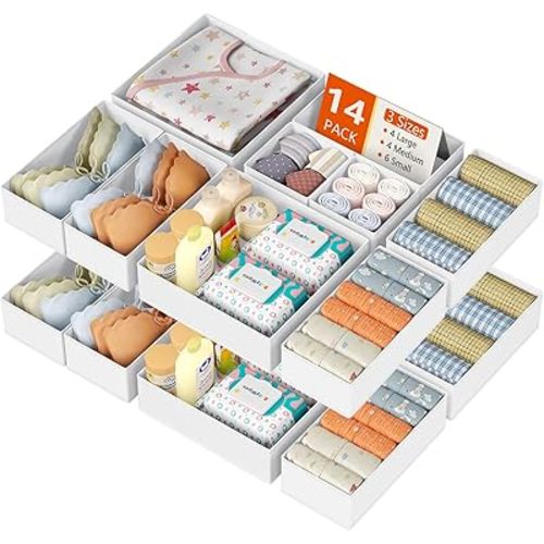 DIMJ Drawer Organizer Clothes, 14 Pack Dresser Organizer, Foldable Closet Organizers and Storage, Fabric Dresser Bins, Drawer Dividers for Nursery, Baby Clothes, Underwears, Sock (White)