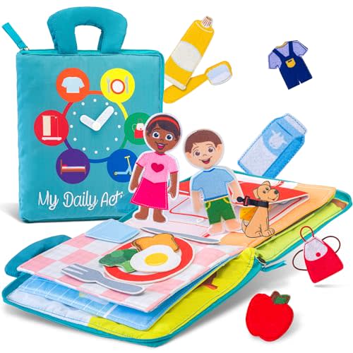 deMoca Busy Book for Toddlers, Montessori Daily Activity Quiet Book with 10 Pages for Learning Boys and Girls, Sensory Cloth Activity Book with Activities for 3 Years, Packaging May Vary