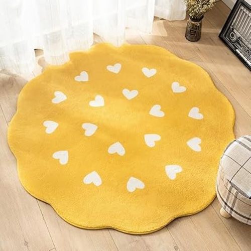 Poowe Flower Shaped Rug,Hearts Round Rug for Bedroom Living Room, Fluffy Circular Rug Washable Nursery Rug for Kids Room Nonslip Indoor Floor Mat for Entryway,Round 47.2"-Yellow