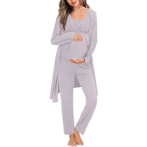 SWOMOG Women Maternity Nursing Pajamas Sets 3 Piece Breastfeeding Robe 3 in 1 Labor Delivery Sleeveless Pregnancy Pjs & Pants