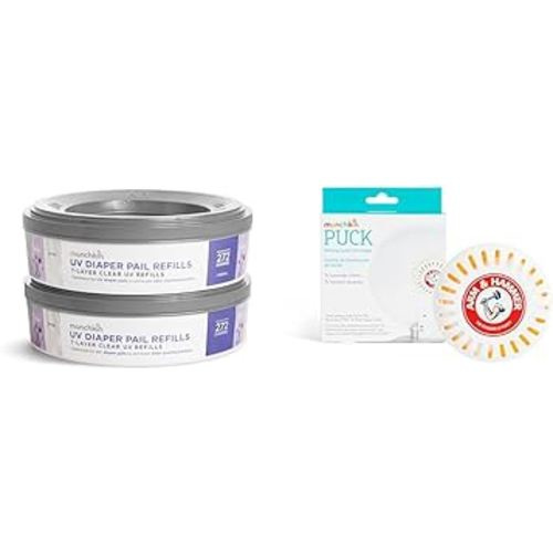 Munchkin® UV Diaper Pail Refill Rings, 544 Count, 2 Pack (272 Count Each) & Arm & Hammer Puck Baking Soda Cartridge, Lavender Scent