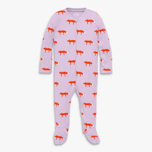 Baby organic zip footie in fox trot - Hydrangea foxes / NB
