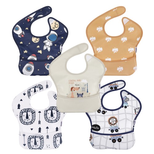 Gllquen Baby Waterproof Feeding Bibs 5 Pack for Infant Toddler Boys Girls, Elephant and Astronaut