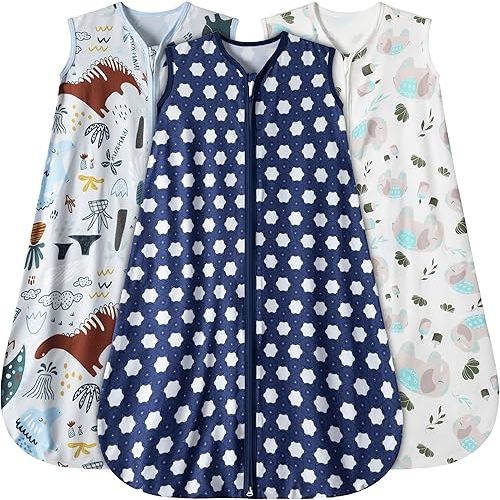 Baby Sleep Sack 0-6 Months 3 Pack Baby Wearable Blanket 100% Rayon Cotton 2-Way Zipper Toddler Sleeping Sack .Comfy Soft Lightweight TOG 0.3 (Elephant&Dinosaur&Hexagon,)