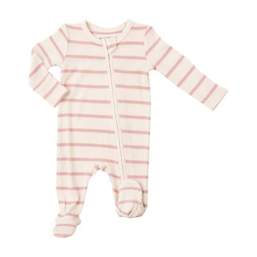 Rib Zipper Footie - Silver Pink + Sugar Swizzle - 6-9M