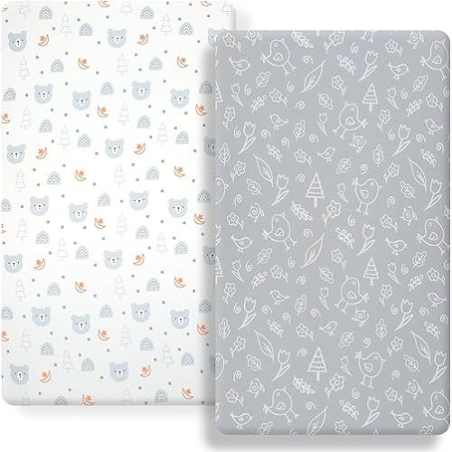 Pack n Play Fitted Sheet. 2 Piece Mini Crib Sheet. Elastic Playard Sheet. Portable Sheet Set. Elastic Convertible Playard Set. Compatible with Graco Pack n Play. (Bears and Birds)