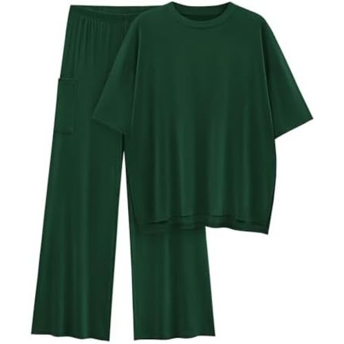 KIRUNDO Womens 2 Piece Outfits 2025 Summer Casual Loose Short Sleeve Pullover Tops & Wide Leg Pants Lounge Sets Tracksuit