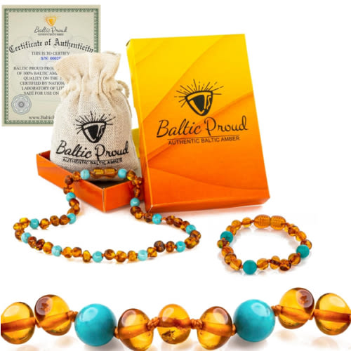 Baltic Proud Amber Necklace and Bracelet Gift Set (Unisex Cognac Turquoise 12.5 Inches/5.5 Inches) - Certified Premium Quality Raw Baltic Sea Amber