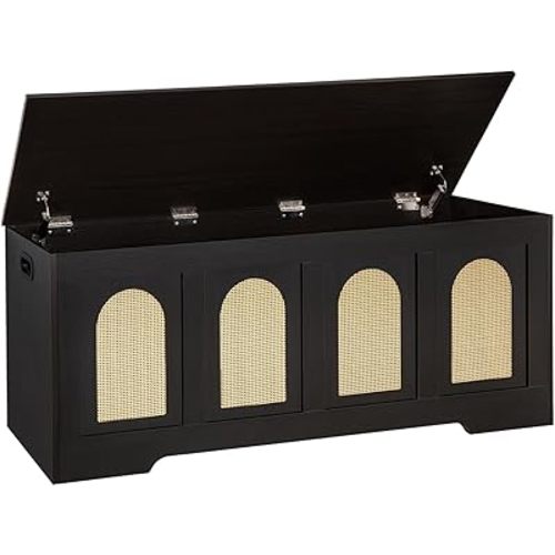 DINZI LVJ Storage Chest, 47.2" Rattan-Like Toy Box with 2 Safety Hinges, Wooden Entryway Storage Bench with Flip-Top, Large Trunk for Living Room, Bedroom, Easy Assembly, Espresso and Natural