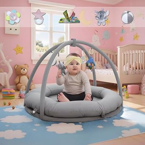 Hiseeme 5-in-1 Baby Play Gym Mat, Thick & Plush Baby Playmats, Tummy Time Mat with 5 Sensory Toys for Newborn Development, Baby Activity Gym for Infant with Non-Slip Foam Padding (Grey)