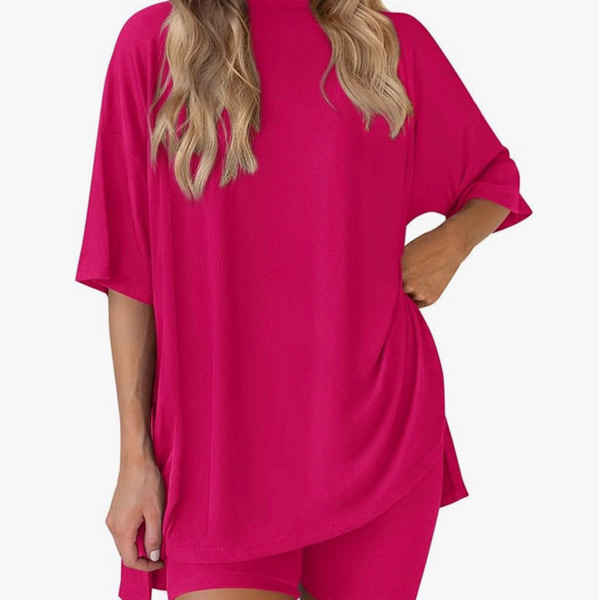 PRETTYGARDEN Women 2 Piece Lounge Set 2026 Summer Casual Oversized Shirts Biker Shorts Matching Airport Travel Outfit Clothes
