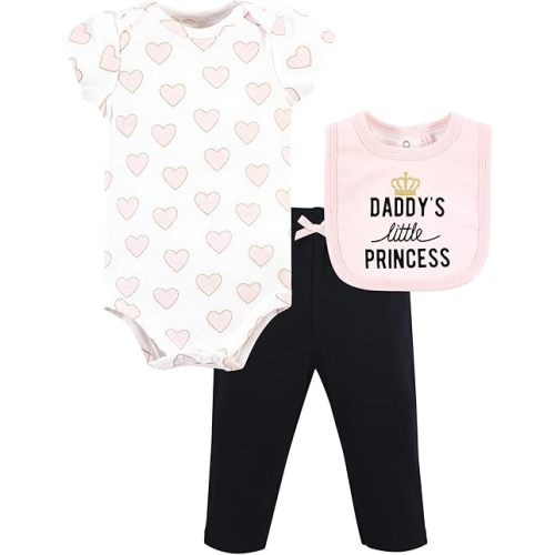 Hudson Baby Unisex Baby Cotton Bodysuit, Pant and Bib Set, Daddys Little Princess, 6-9 Months