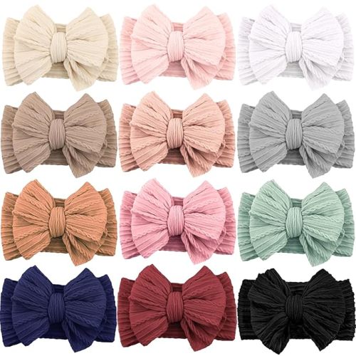 ALinmo 12 Pack Baby Headbands Super Soft Stretchy Nylon Hair Bands Hair Bows Hair Accessories for Baby Girls Newbrons infants Toddlers