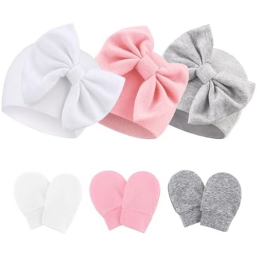 Newborn Baby Hats and Mittens Set Infant Bow Beanie Cap Toddler Gloves Newborn Hospital Hats for Baby Boy Girl 0-12 Months