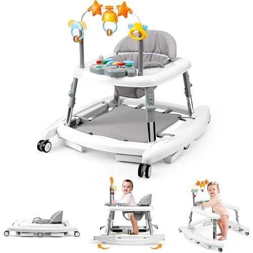5-in-1 Music and Lights Baby Walker Foldable with 5 Adjustable Heights, Baby Walker with Wheels and Bouncer Combo Portable, Infant Toddler Walker for Baby Boy Girls 6-18 Months