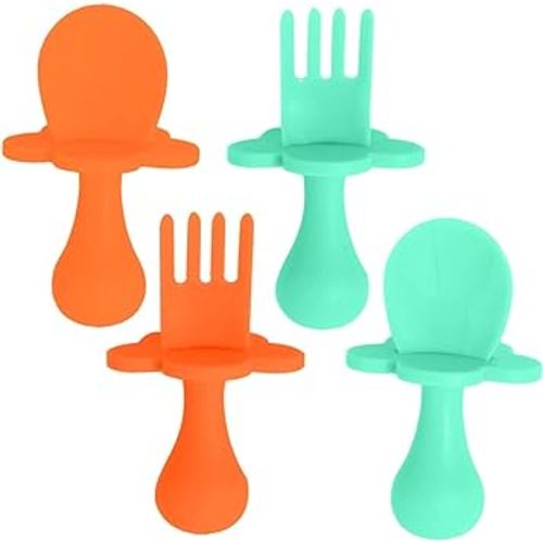 Grabease Baby Spoons Toddler Utensils Baby Spoon Toddler Forks, BPA-Free & Phthalate-Free for Baby & Toddler, 2 Sets, Mint and Orange