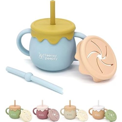 Honey Pot 2-in-1 Silicone Training Cup 8.5oz, Baby Sippy Cup with Straw & Snack Cup for 6 months+ Straw Cup for Baby Boy Gift, Toddler Smoothie Cup (Honey Jar Blue)