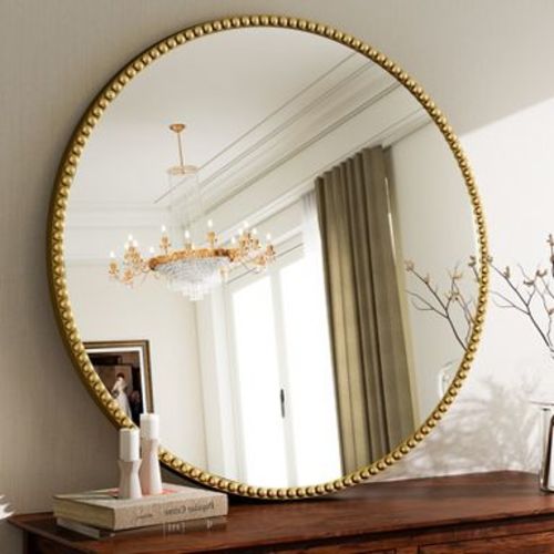 BEAUTYPEAK Round Wall Mirror 24"x24" Antique Beaded Resin Frame Vanity Mirror