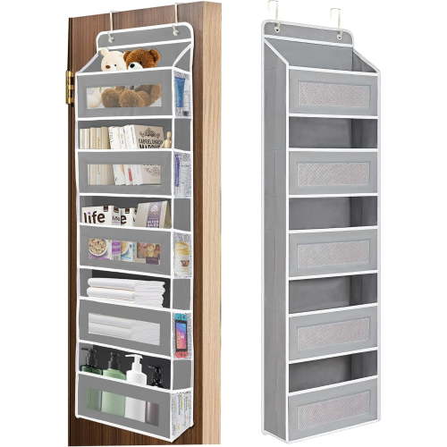 Over The Door Organizer Storage, 5 Shelf Hanging Door Organizer with 5 Large Capacity Pockets, Anti Tilt 44 lb Load Behind Door Storage for Bedroom, Bathroom, Pantry, Light gray