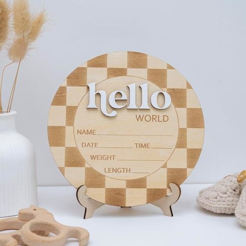 Baby Announcement Sign 6.5 Inch Wooden Hello World Newborn Welcome Sign Birth Name (Checkered)