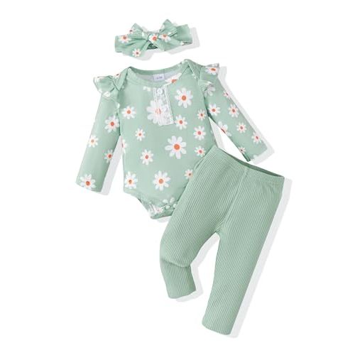 Renotemy Newborn Baby Girl Clothes Outfits Infant Romper Ruffle Floral Pants Cute Toddler Baby Girl Clothes Set
