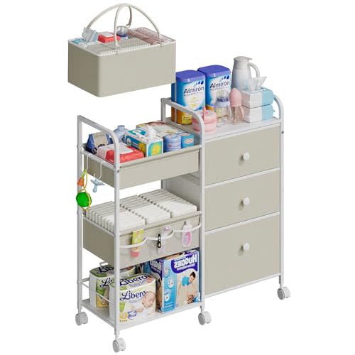 Cidaziya 2In1 Baby Diaper Caddy Organizers and Storage, 3-Tier Rolling Diaper Cart, Diaper Caddy Organizer with Dividers and Drawers, Mobile Utility Cart for Changing Table, Crib Nursery, Bedroom