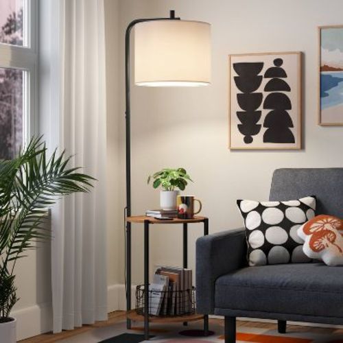 Floor Lamp With Table Natural Wood - Room Essentials™: Etl Listed, Linen Shade, Metal Body, 60" Height