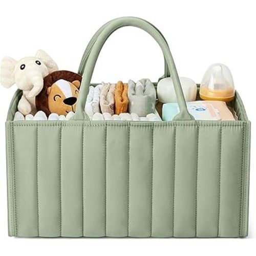 Nappy Caddy Organiser, Large Quilted Baby Storage Basket for Nursery & Change Table, Portable Car Bag for Newborn Essentials - Sage Green