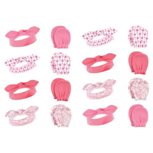 Hudson Baby Infant Girl 16Pc Headband and Scratch Mitten Set, Flamingo, 0-6 Months