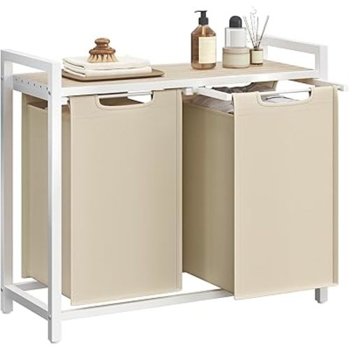 VASAGLE Laundry Hamper, Laundry Basket Sorter with 2 Pull-Out and Removable Bags, Shelf, Metal Frame, 2 x 12.1 Gallons (46 L), 28.8 x 13 x 28.4 Inches, Cappuccino Beige and Natural Beige UBLH201LH01