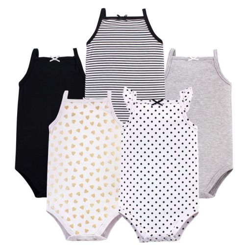 Hudson Baby Infant Girl Cotton Sleeveless Bodysuits 5pk, Basic Black Gold, 6-9 Months