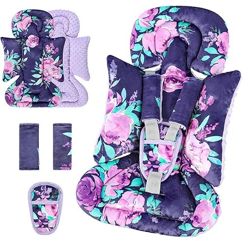 TANOFAR Car Seat Head Support Baby - Infant Car Seat Insert for Newborn Girls Boys - Soft Carseat Head Support for Infant - Newborn Carseat Insert for Car Seats, Strollers, Swings (Purple Flower)