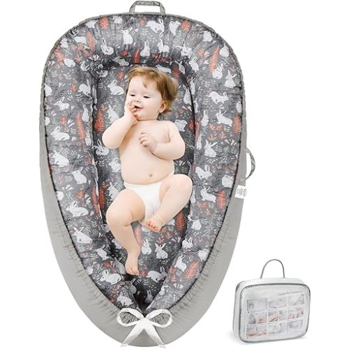 Baby Lounger - Baby Lounger Pillow for Newborn, Breathable & Soft Baby Nest Co Sleeper for Baby 0-24 Months, Portable Infant Lounger Baby Floor Seat for Home and Travel (Rabbit)