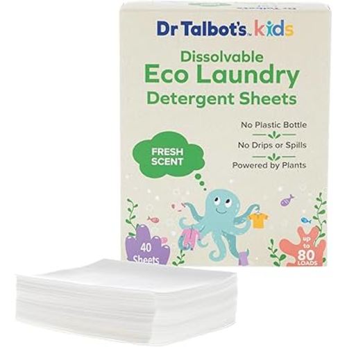 Dr. Talbot's Kids Eco Laundry Detergent Sheets – Fresh Scent, Gentle on Skin, Plant-Based, Biodegradable, No Harsh Additives, Dissolvable for Standard & HE Machines, 40 Sheets (Up to 80 Loads)